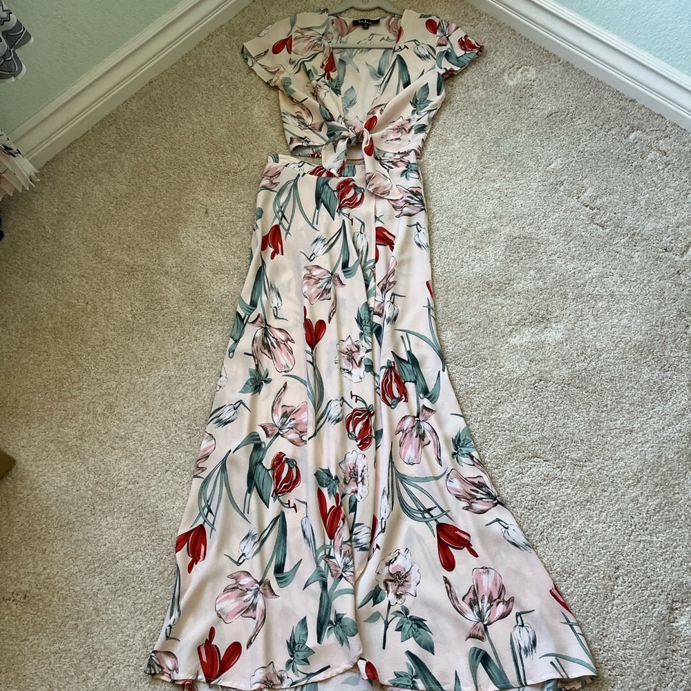 Lulu’s light pink 2 piece skirt and crop top set. Green leaves and red flowers